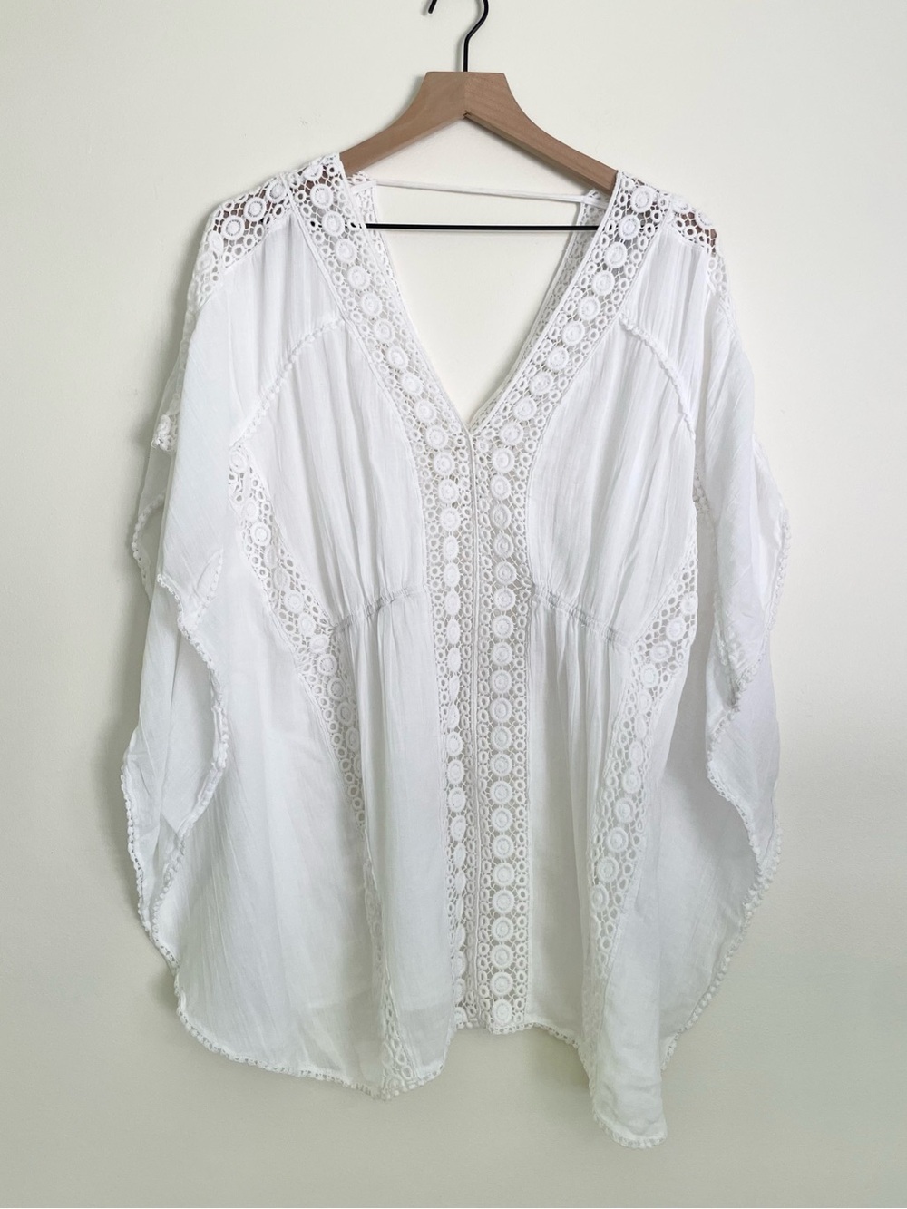 blue island 100% Cotton White Crochet V-Neck Kaftan Swim Coverup